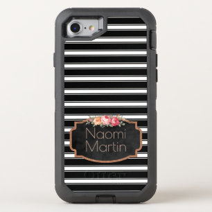 Girly Pink Rose Gold Monogrammed Name Stripes OtterBox Defender iPhone SE/8/7 Case