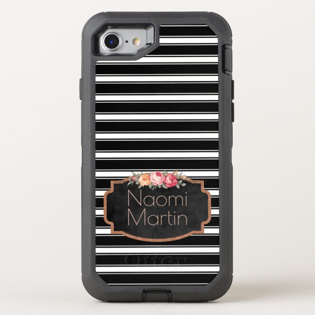 Girly Pink Rose Gold | Monogrammed Name Stripes Otterbox iPhone Case (Back)