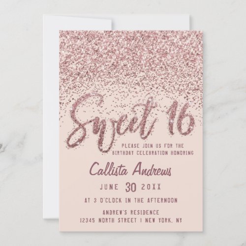 Girly Pink Rose Gold Scattered Glitter Sweet 16 Invitation