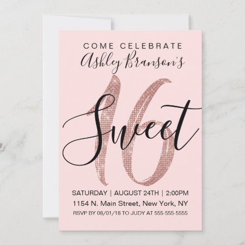 Girly Pink Rose Gold Sequin Glitter Sweet 16 Invitation