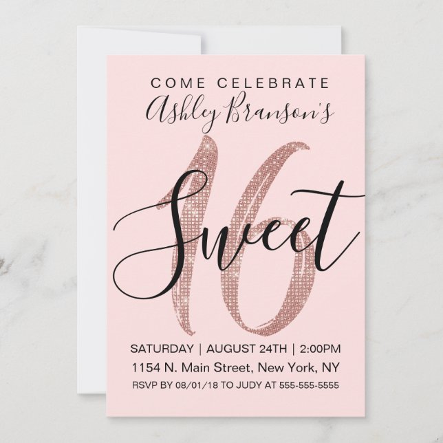 Girly Pink Rose Gold Sequin Glitter Sweet 16 Invitation (Front)