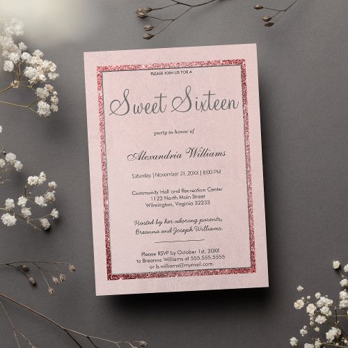 Girly pink rose gold silver glitter Sweet 16  Invitation