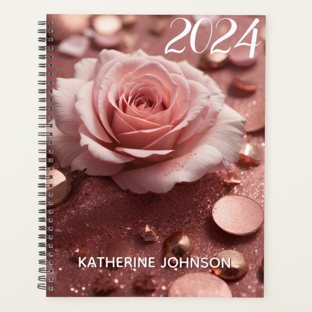 Girly Pink Rose Gold Sparkle Glitter Monogram Name Planner (Front)