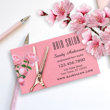 Girly Pink Rose Hair Stylist Business Card by sunnysites at Zazzle