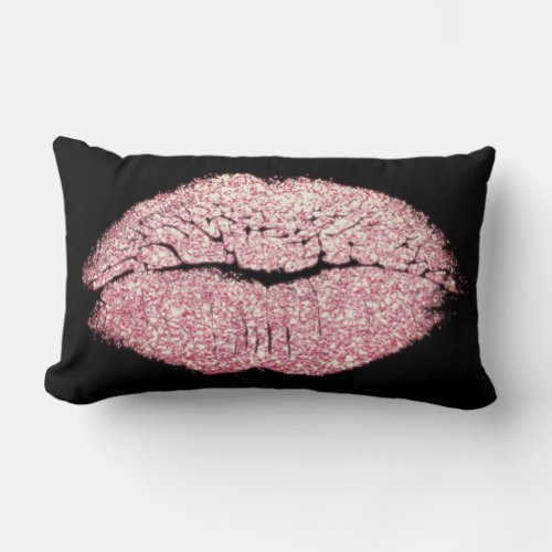 Girly Pink Rose Lips Glitter Black Makeup Kiss Lumbar Pillow