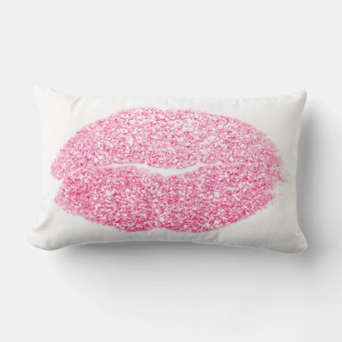 Girly Pink Rose Lips Glitter White Makeup Kiss Lumbar Pillow