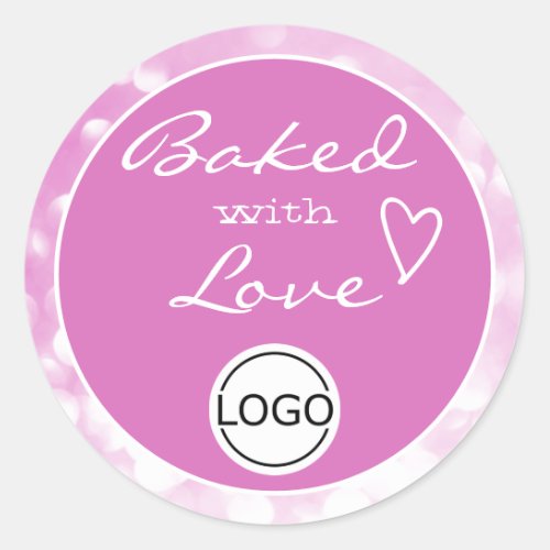 Girly Pink Rose Orbs Frame Baked with Love Logo  Classic Round Sticker