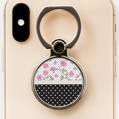 Girly Pink Roses And Black And White Polka Dots Phone Ring Stand