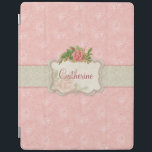 Girly Pink Roses and Damask Personalized iPad Smart Cover<br><div class="desc">Pink floral background with band of grey damask,  center floral label with spray of girly roses and room for personalization.</div>