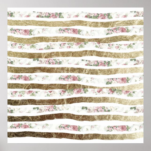 Girly Pink Roses and Faux Gold Brushstrokes Poster (Front)