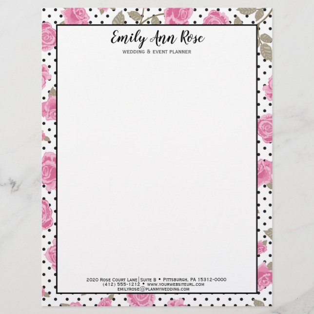 Girly Pink Roses Script Girly Floral Stationary Letterhead (Front)