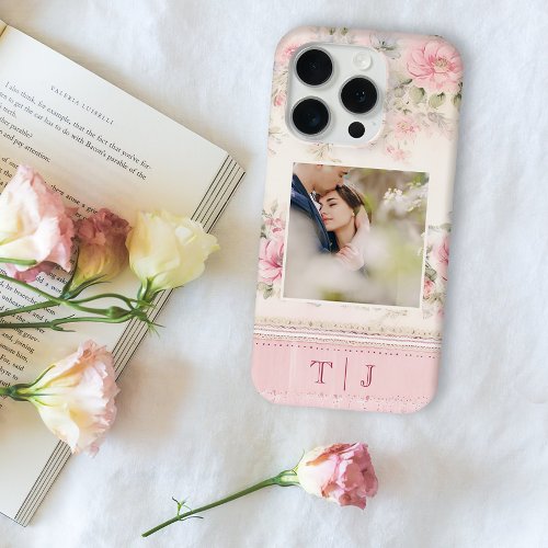 Girly Pink Roses wPhoto  Monogram iPhone 15 Pro Case