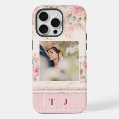 Girly Pink Roses wPhoto  Monogram iPhone 15 Pro Max Case