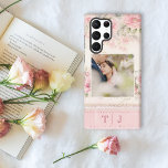 Girly Pink Roses w/Photo & Monogram Samsung Galaxy S22 Ultra Case<br><div class="desc">Very pretty and feminine design featuring square photo template and two-initial monogram text fields on a delicate pastel pink girly rose pattern.</div>