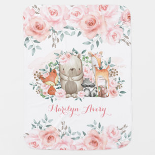 Girly Pink Roses Woodland Forest Animals Nursery Baby Blanket