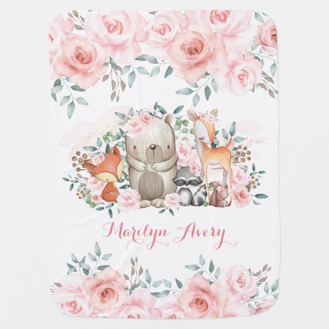 Girly Pink Roses Woodland Forest Animals Nursery Baby Blanket (Front)