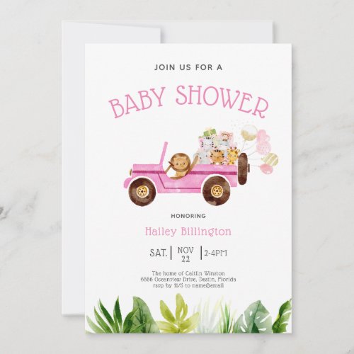 Girly Pink Safari Jungle Watercolor Baby Shower Invitation