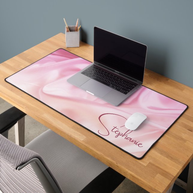 Girly Pink Satin Script Name Desk Mat (Office 2)