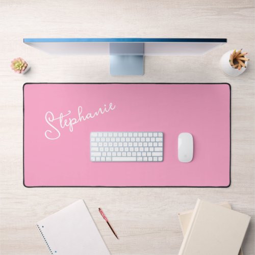 Girly Pink Script Minimalist Personalized Name  Desk Mat