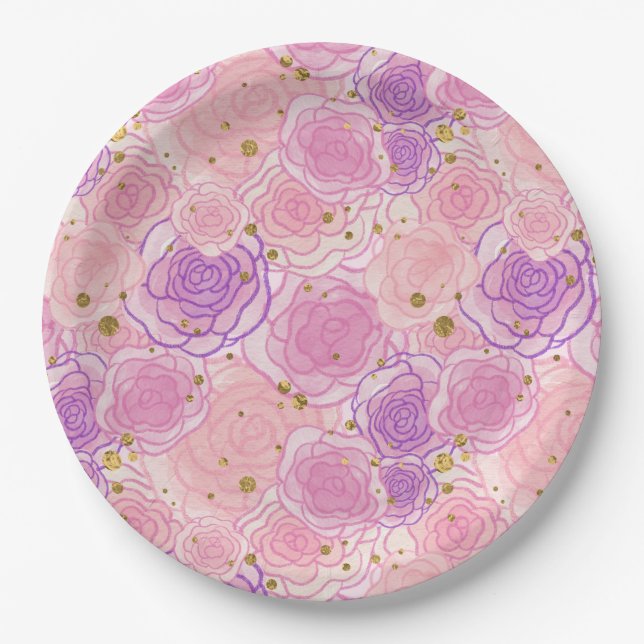 Girly Pink Shabby Chic Glitter Roses Paper Plates (Front)