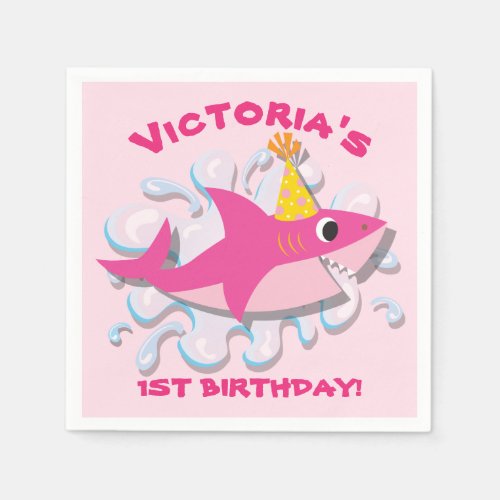 Girly Pink Shark birthday party paper napkins