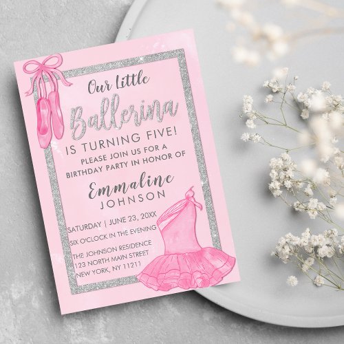 Girly Pink Silver Ballerina Watercolor Birthday Invitation