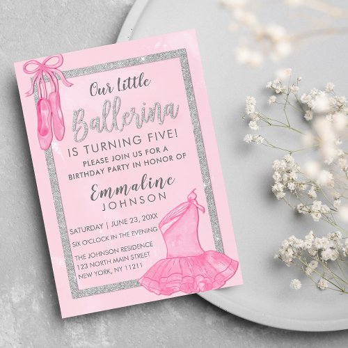 Girly Pink Silver Ballerina Watercolor Birthday Magnetic Invitation