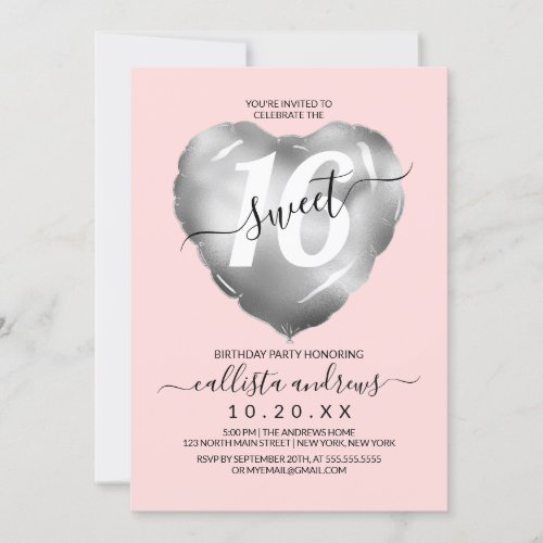 Girly Pink Silver Foil Heart Balloon Sweet 16 Invitation