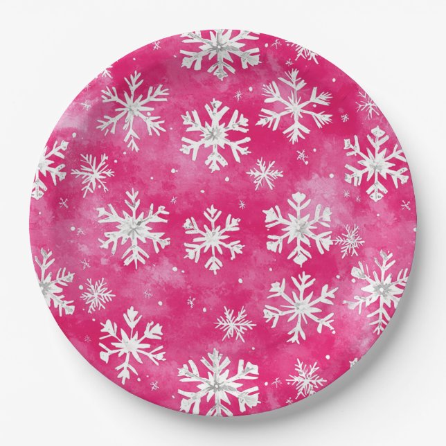 Girly Pink Silver Glam Christmas Snowflakes Paper Plates (Front)
