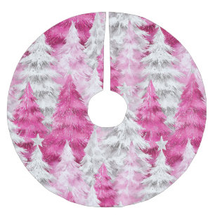 Girly Pink Silver Glam Christmas Trees Brushed Polyester Tree Skirt