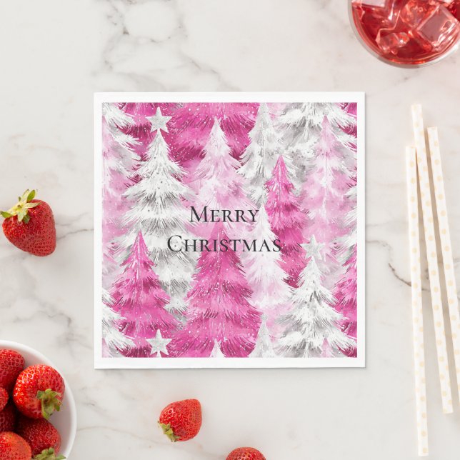 Girly Pink Silver Glam Christmas Trees  Napkins (Insitu)