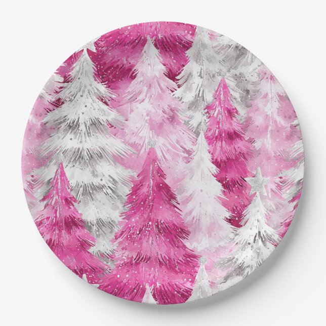 Girly Pink Silver Glam Christmas Trees  Paper Plates (Front)
