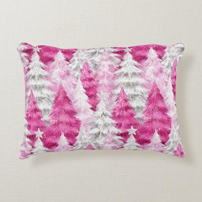 Girly Pink Silver Glam Christmas Trees Stripes Accent Pillow (Front)