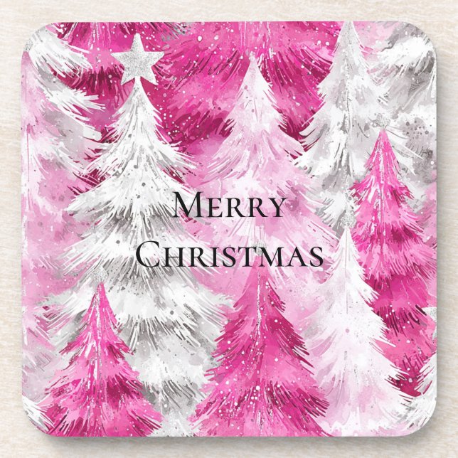 Girly Pink Silver Glam Christmas Trees Stripes Beverage Coaster (Front)