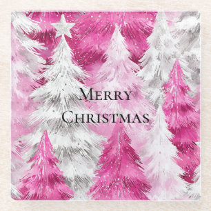 Girly Pink Silver Glam Christmas Trees Stripes Glass Coaster