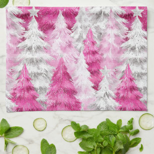 Girly Pink Silver Glam Christmas Trees Stripes Kitchen Towel