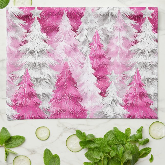 Girly Pink Silver Glam Christmas Trees Stripes Kitchen Towel (Folded)