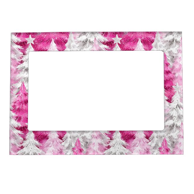 Girly Pink Silver Glam Christmas Trees Stripes Magnetic Frame (Front)