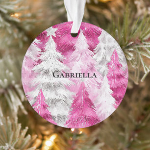 Girly Pink Silver Glam Christmas Trees Stripes Ornament