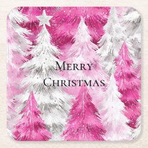 Girly Pink Silver Glam Christmas Trees Stripes Square Paper Coaster