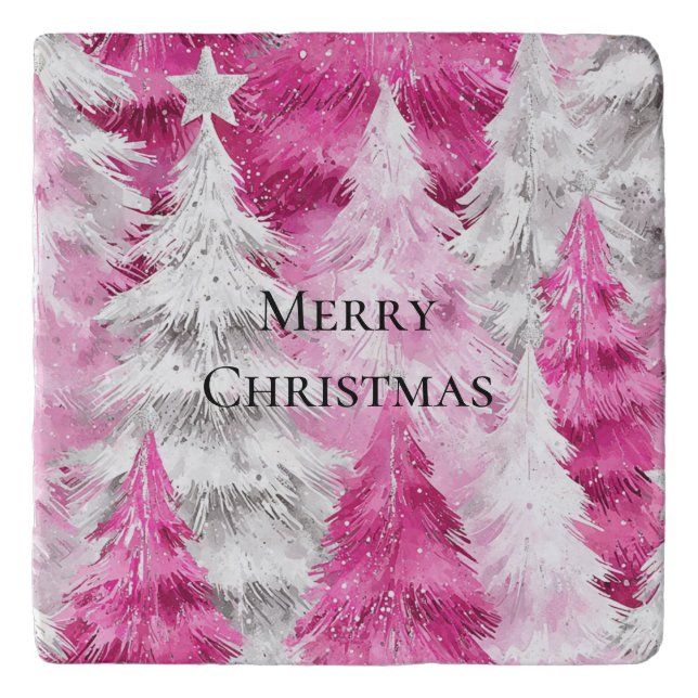 Girly Pink Silver Glam Christmas Trees Stripes Trivet (Front)