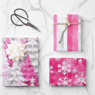 Girly Pink Silver Glam Christmas Trees Stripes Wrapping Paper Sheets