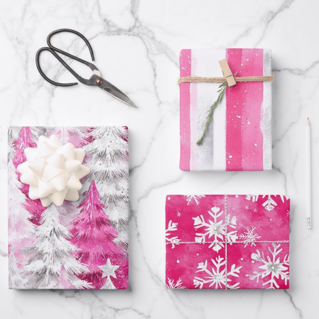 Girly Pink Silver Glam Christmas Trees Stripes Wrapping Paper Sheets (Front)