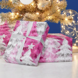 Girly Pink Silver Glam Christmas Trees Wrapping Paper