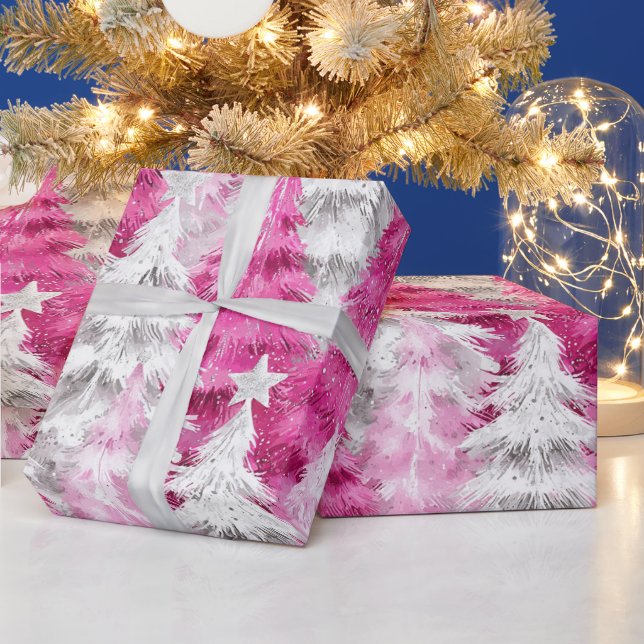 Girly Pink Silver Glam Christmas Trees Wrapping Paper (Holidays)