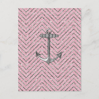 Girly Pink Silver Glitter Chevron Pattern Anchor Postcard
