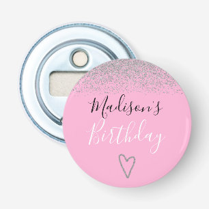 Girly Pink Silver Glitter Sparkles Heart Birthday Bottle Opener