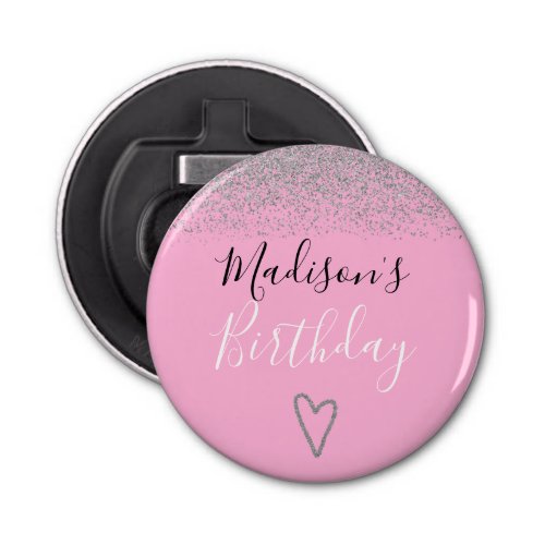 Girly Pink Silver Glitter Sparkles Heart Birthday Bottle Opener