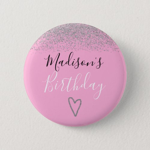 Girly Pink Silver Glitter Sparkles Heart Birthday Button