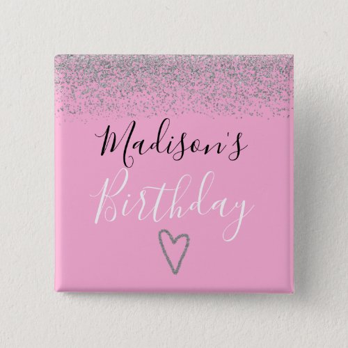 Girly Pink Silver Glitter Sparkles Heart Birthday Button